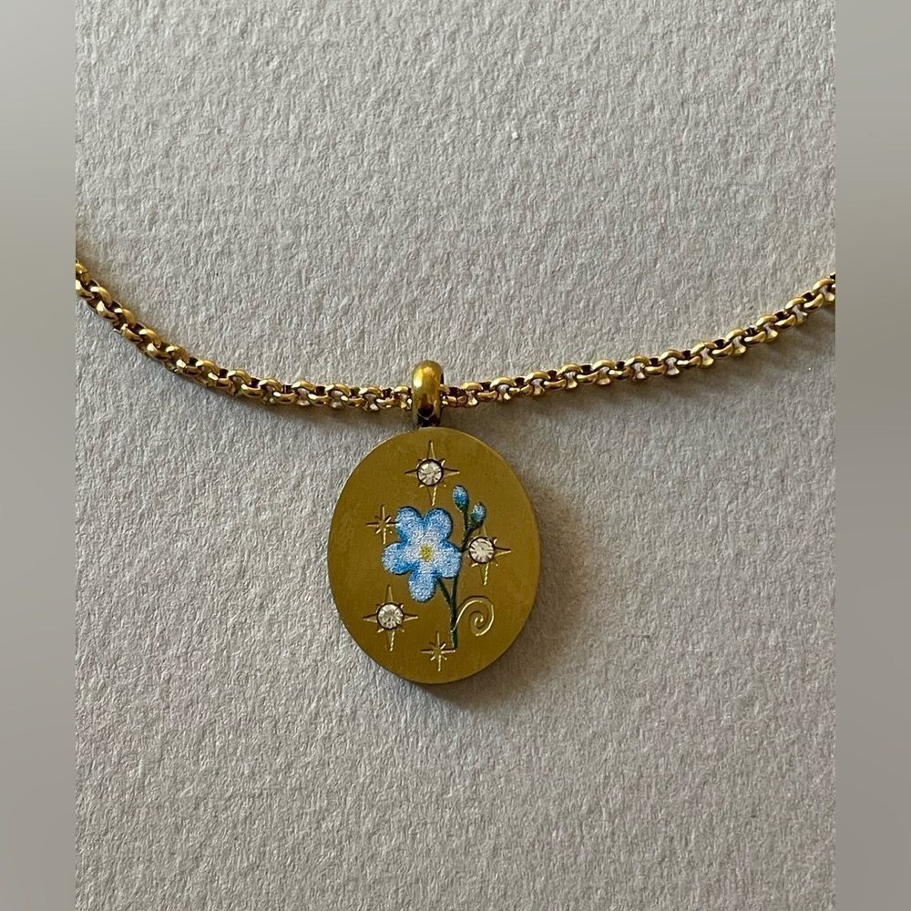 Gold blue flower Oval Pendant Necklace N1304 - Picture 4 of 4